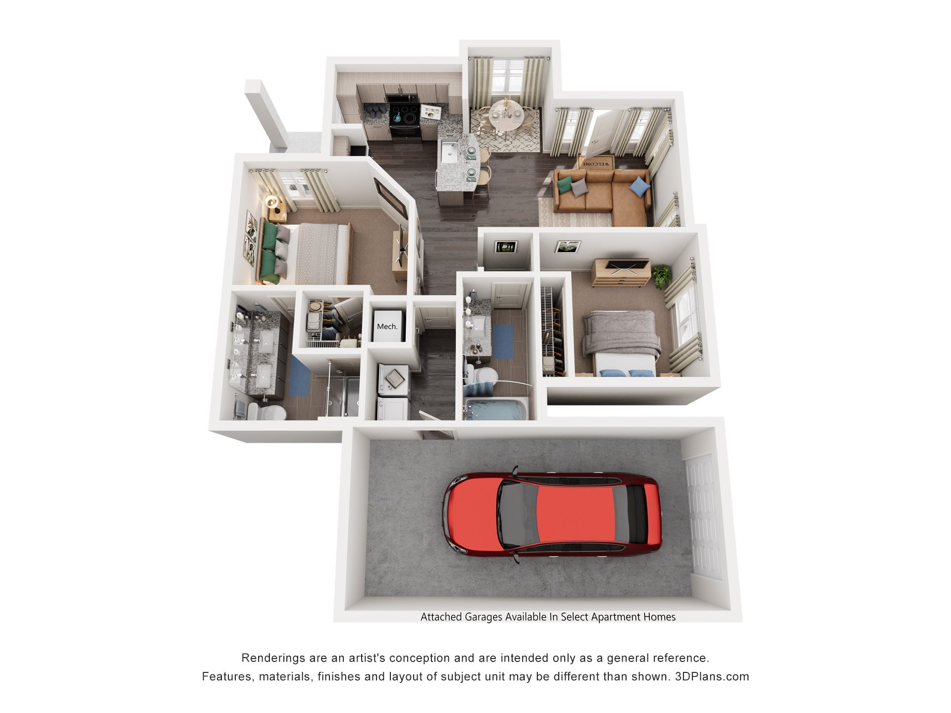 Floor plan for 2 beds, 2 baths, 1101 sqft